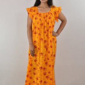 Yellow Cotton Maxi Nighty Square Neck Short Sleeves with pleats