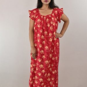 Pink Cotton Maxi Nighty Square Neck Short Sleeves with pleats