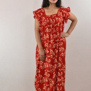 Red Cotton Maxi Nighty Square Neck Short Sleeves with pleats
