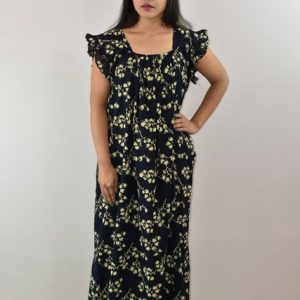 Blue Cotton Maxi Nighty Square Neck Short Sleeves with pleats