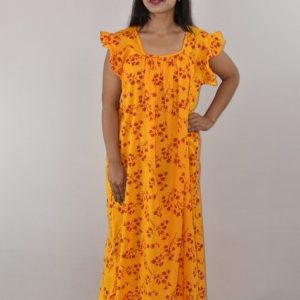 Yellow Cotton Maxi Nighty Square Neck Short Sleeves with pleats