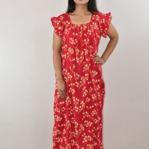 Pink Cotton Maxi Nighty Square Neck Short Sleeves with pleats