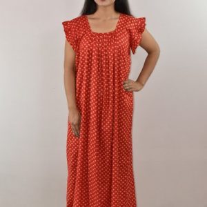 Red Cotton Maxi Nighty Square Neck Short Sleeves with pleats