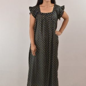 Black Cotton Maxi Nighty Square Neck Short Sleeves with pleats
