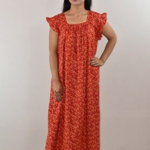 Red Cotton Maxi Nighty Square Neck Short Sleeves with pleats