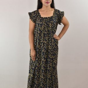 Black Cotton Maxi Nighty Square Neck Short Sleeves with pleats