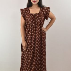 Maroon Cotton Maxi Nighty Square Neck Short Sleeves with pleats