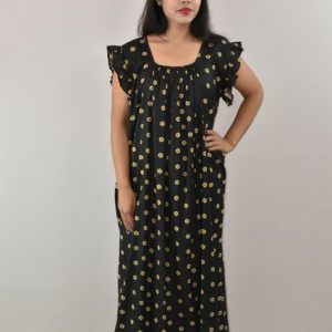 Black Cotton Maxi Nighty Square Neck Short Sleeves with pleats