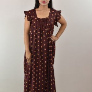 Maroon Cotton Maxi Nighty Square Neck Short Sleeves with pleats