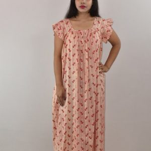 White & Red Cotton Maxi Nighty Square Neck Short Sleeves with pleats