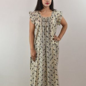 White & Blue Cotton Maxi Nighty Square Neck Short Sleeves with pleats