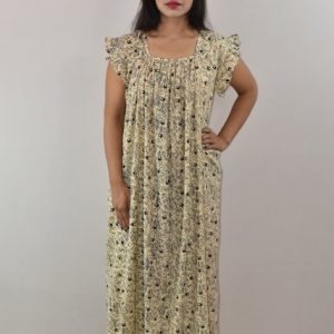 White & Blue Cotton Maxi Nighty Square Neck Short Sleeves with pleats