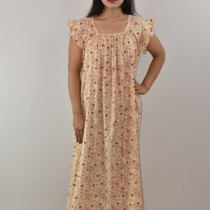 White & Red Cotton Maxi Nighty Square Neck Short Sleeves with pleats