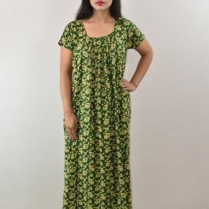 Green Cotton Maxi Nighty Square Neck with Short Sleeve