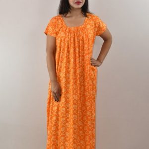 Yellow Cotton Maxi Nighty Square Neck with Short Sleeve