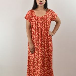 Red Cotton Maxi Nighty Square Neck with Short Sleeve