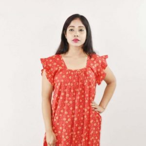 Red Cotton Maxi Nighty Square Neck Short Sleeves with pleats