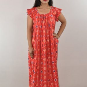 Red Cotton Maxi Nighty Square Neck Short Sleeves with pleats