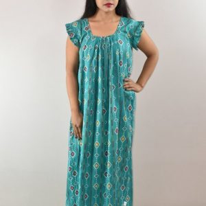 Blue Cotton Maxi Nighty Square Neck Short Sleeves with pleats