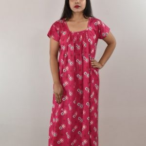 Pink Cotton Maxi Nighty Square Neck Short Sleeves