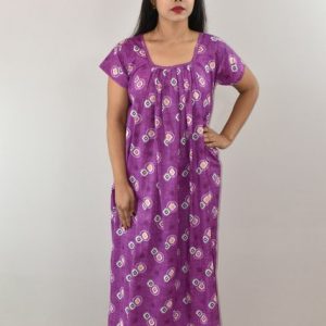 Purple Cotton Maxi Nighty Square Neck Short Sleeves