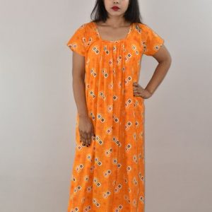 Yellow Cotton Maxi Nighty Square Neck Short Sleeves