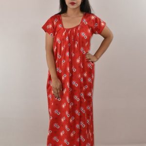Red Cotton Maxi Nighty Square Neck Short Sleeves