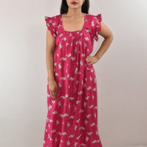 Pink Cotton Maxi Nighty Square Neck Short Sleeves with pleats