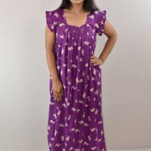 Purple Cotton Maxi Nighty Square Neck Short Sleeves with pleats