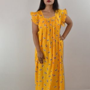 Yellow Cotton Maxi Nighty Square Neck Short Sleeves with pleats