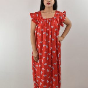 Red Cotton Maxi Nighty Square Neck Short Sleeves with pleats