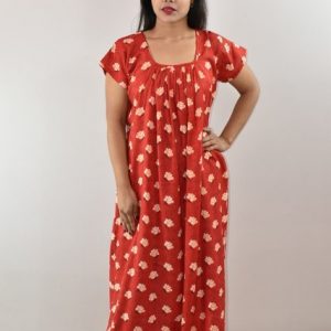 Red Cotton Maxi Nighty Square Neck Short Sleeves