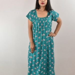 Blue Cotton Maxi Nighty Square Neck Short Sleeves