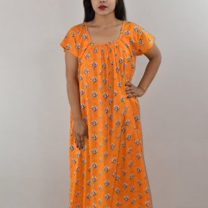 Yellow Cotton Maxi Nighty Square Neck Short Sleeves