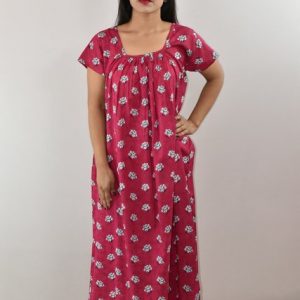Pink Cotton Maxi Nighty Square Neck Short Sleeves