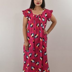Pink Cotton Maxi Nighty Square Neck Short Sleeves with pleats