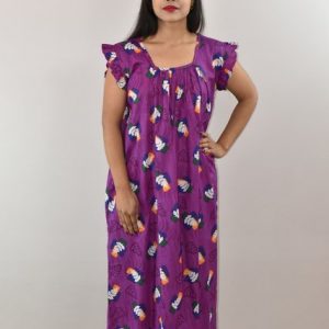 Purple Cotton Maxi Nighty Square Neck Short Sleeves with pleats