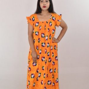 Yellow Cotton Maxi Nighty Square Neck Short Sleeves with pleats