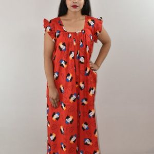 Red Cotton Maxi Nighty Square Neck Short Sleeves with pleats