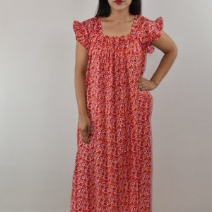 Pink Cotton Maxi Nighty Square Neck Short Sleeves with pleats -With replacement