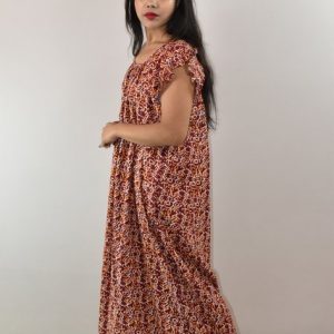 Maroon Cotton Maxi Nighty Square Neck Short Sleeves with pleats