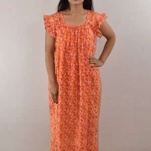 Orange Cotton Maxi Nighty Square Neck Short Sleeves with pleats