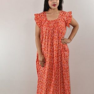 Red Cotton Maxi Nighty Square Neck Short Sleeves with pleats