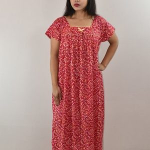 PInk Cotton Maxi Nighty Square Neck Pipien With Short Sleeves