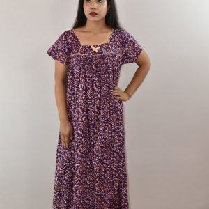 Purple Cotton Maxi Nighty Square Neck Pipien With Short Sleeves
