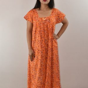 Orange Cotton Maxi Nighty Square Neck Pipien With Short Sleeves