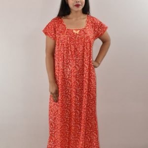 Red Cotton Maxi Nighty Square Neck Pipien With Short Sleeves