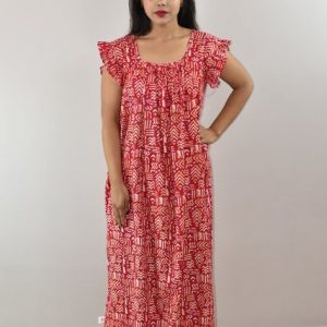 Pink Cotton Maxi Nighty Square Neck Short Sleeves with pleats