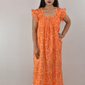 Yellow Cotton Maxi Nighty Square Neck Short Sleeves with pleats