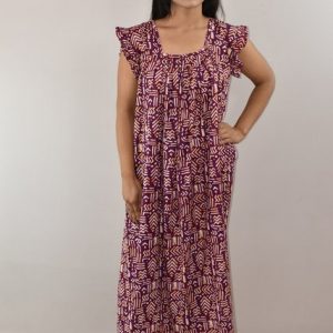 Purple Cotton Maxi Nighty Square Neck Short Sleeves with pleats